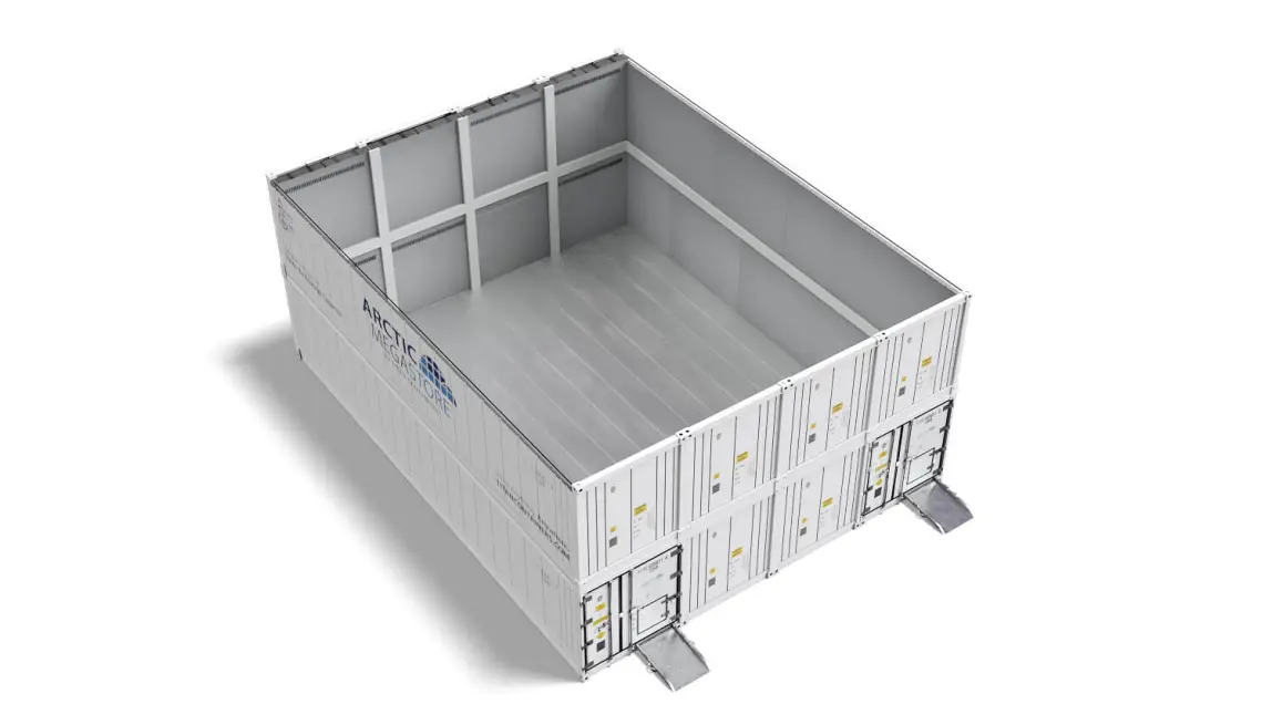 Vue intérieure d'un conteneur de stockage à température contrôlée Arctic MegaStore, doté de parois et d'un plancher isolés
