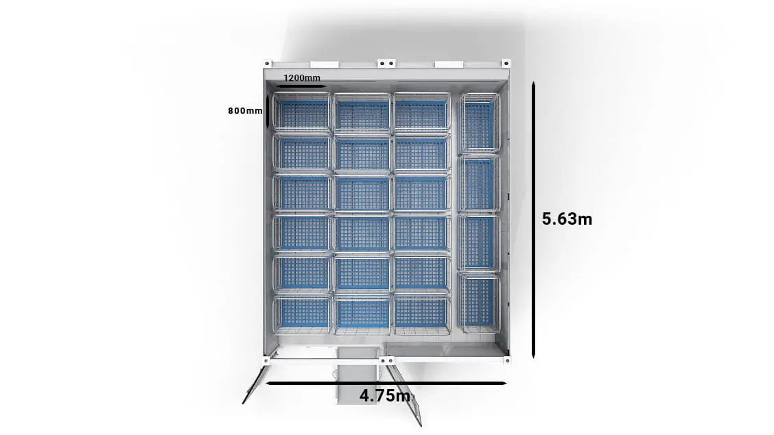 22 trolleys in een 20ft Arctic SuperStore met 2 compartimenten