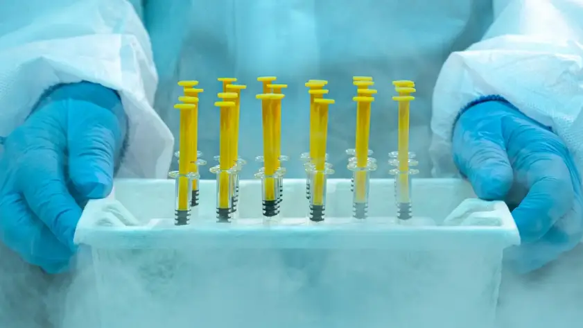 Wetenschapper in beschermende kledij en handschoenen die bevroren medische spuiten hanteert in een koelcontainer met zichtbare rijp en damp.